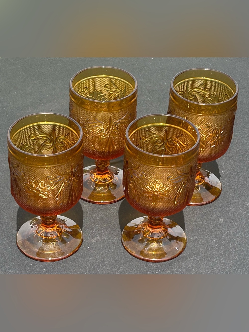 Vintage Tiara Amber Sandwich Glass Wine Goblets - Set of 4